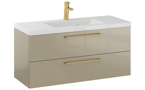 Furni Rosen 100 cm Hängend Waschbecken mit Unterschrank und Gebürsteten Goldenen Griffen Waschbeckenunterschrank Badezimmer Waschtisch mit Unterschrank Waschtischunterschrank von Furni