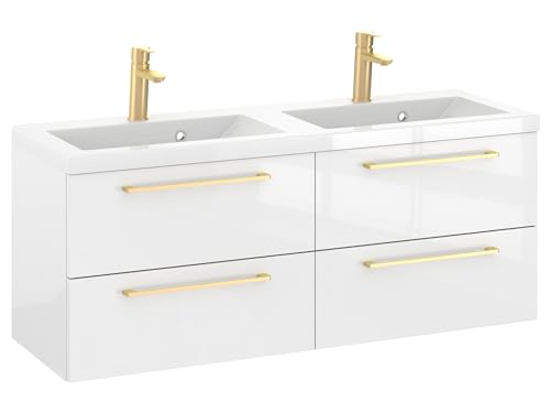 Furni Rosen 120 cm Hängend Doppelt Badezimmerschrank mit 2 Waschbecken und Eleganten Goldenen Griffen Waschbeckenunterschrank Badezimmer Waschtisch mit Unterschrank Waschtischunterschrank Furni Rosen 120 cm Hängend Doppelt Badezimmerschrank mit 2 Waschbecken und Eleganten Goldenen Griffen Waschbeckenunterschrank Badezimmer Waschtisch mit Unterschrank Waschtischunterschrank von Furni