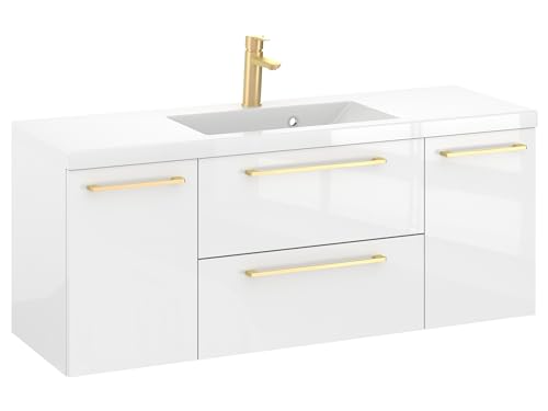 Furni Rosen 120 cm Hängend Waschbecken mit Unterschrank und Eleganten Goldenen Griffen Waschbeckenunterschrank Badezimmer Waschtisch mit Unterschrank Waschtischunterschrank von Furni