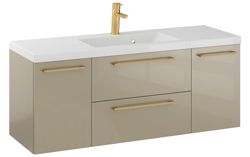 Furni Rosen 120 cm Hängend Waschbecken mit Unterschrank und Gebürsteten Goldenen Griffen Waschbeckenunterschrank Badezimmer Waschtisch mit Unterschrank Waschtischunterschrank von Furni