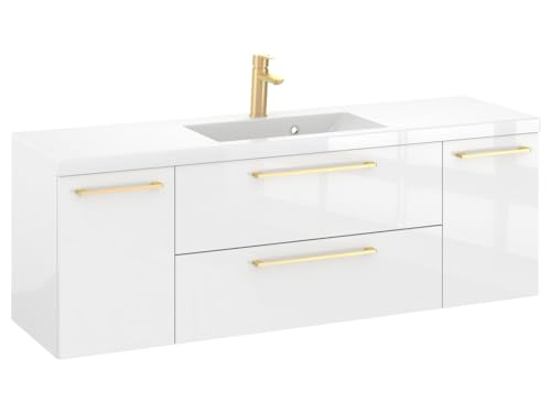 Furni Rosen 140 cm Hängend Badezimmerschrank mit Waschbecken und Stilvollen und Eleganten Goldenen Griffen Waschbeckenunterschrank Badezimmer Waschtisch mit Unterschrank Waschtischunterschrank von Furni