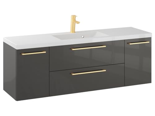 Furni Rosen 140 cm Hängeschrank mit Waschbecken in Titan Hochglanz und Gebürsteten Goldenen Griffen - Luxuriöses Design für Ihr Badezimmer von Furni