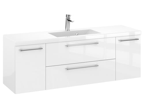 Furni Rosen 140 cm Hängend Badezimmerschrank mit Waschbecken und Glänzenden Chromgriffen Waschbeckenunterschrank Badezimmer Waschtisch mit Unterschrank Waschtischunterschrank von Furni