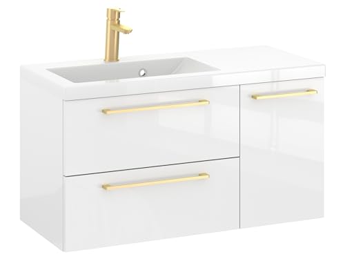 Furni Rosen 90 cm Hängend Waschbecken mit Unterschrank und Eleganten Goldenen Griffen Waschbeckenunterschrank Badezimmer Waschtisch mit Unterschrank Waschtischunterschrank Furni Rosen 90 cm Hängend Waschbecken mit Unterschrank und Eleganten Goldenen Griffen Waschbeckenunterschrank Badezimmer Waschtisch mit Unterschrank Waschtischunterschrank von Furni