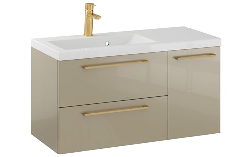Furni Rosen 90 cm Hängend Waschbecken mit Unterschrank und Gebürsteten Goldenen Griffen Waschbeckenunterschrank Badezimmer Waschtisch mit Unterschrank Waschtischunterschrank von Furni
