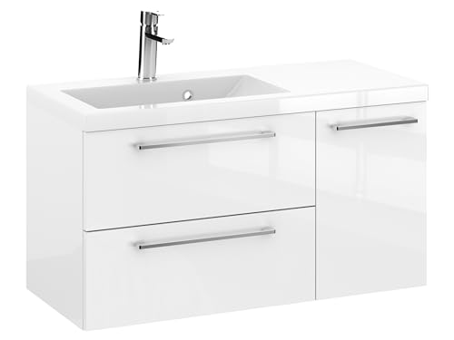 Furni Rosen 90 cm Hängend Waschbecken mit Unterschrank und Glänzenden Chromgriffen Waschbeckenunterschrank Badezimmer Waschtisch mit Unterschrank Waschtischunterschrank von Furni