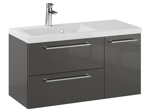 Furni Rosen 90 cm Hängend Waschbecken mit Unterschrank und Stilvollen und Chromgriffen Waschbeckenunterschrank Badezimmer Waschtisch mit Unterschrank Waschtischunterschrank von Furni