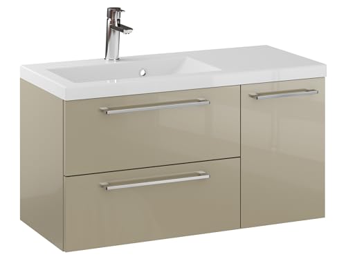 Furni Rosen 90 cm Hängend Waschbecken mit Unterschrank und Stilvollen und Chromgriffen Waschbeckenunterschrank Badezimmer Waschtisch mit Unterschrank Waschtischunterschrank von Furni