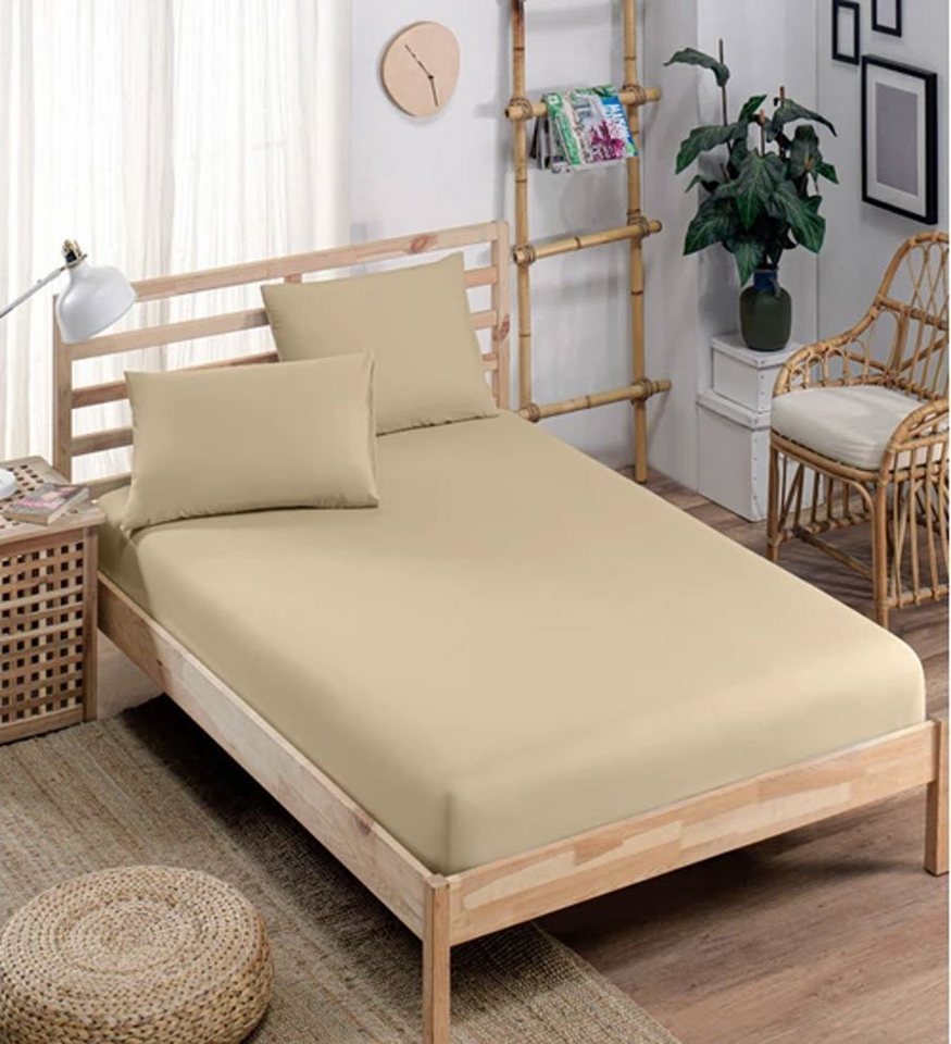 Bett-Set, Spannbettlaken (180X200 cm), 2 Kissenbezüge (50 x70 cm), beige, Furni24 von Furni24