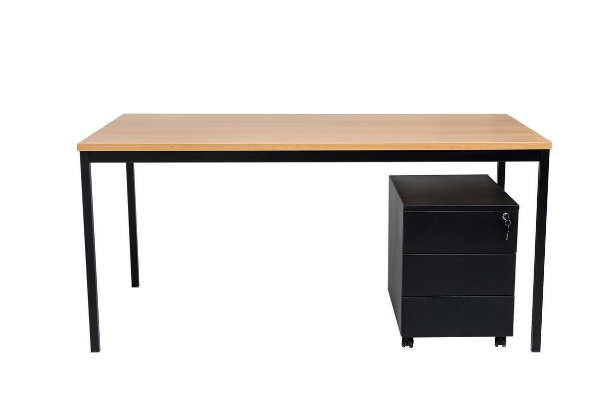 Furni24 Schreibtisch Schreibtisch und Stahl Rollcontainer, 3 Schübe, Buche, 140X80X75 cm von Furni24