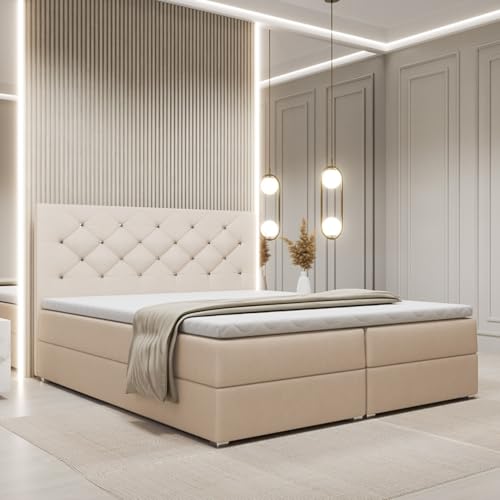 FurniDe24 Boxspringbett mit 2 Bettkästen und Taschenfederkernmatratze H3, Bett mit Zierknöpfen am Kopfteil, Topper-Matratze 3cm, verstärkter Rahmen, Hellbeige Plüsch, 180x200cm - Fano FurniDe24 Boxspringbett mit 2 Bettkästen und Taschenfederkernmatratze H3, Bett mit Zierknöpfen am Kopfteil, Topper-Matratze 3cm, verstärkter Rahmen, Hellbeige Plüsch, 180x200cm - Fano von FurniDe24