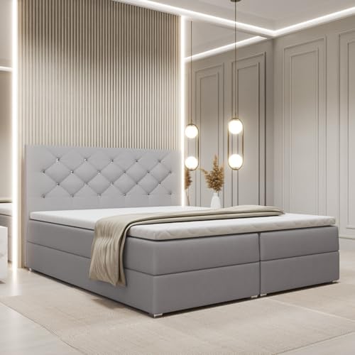 FurniDe24 Boxspringbett mit 2 Bettkästen und Taschenfederkernmatratze H3, Bett mit Zierknöpfen am Kopfteil, Topper-Matratze 3cm, verstärkter Rahmen, grau Samt, 140x200cm - Fano von FurniDe24