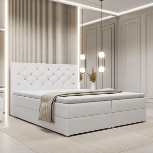 FurniDe24 Boxspringbett mit 2 Bettkästen und Taschenfederkernmatratze H3, Bett mit Zierknöpfen am Kopfteil, Topper-Matratze 3cm, verstärkter Rahmen, weiß Plüsch, 180x200cm - Fano FurniDe24 Boxspringbett mit 2 Bettkästen und Taschenfederkernmatratze H3, Bett mit Zierknöpfen am Kopfteil, Topper-Matratze 3cm, verstärkter Rahmen, weiß Plüsch, 180x200cm - Fano von FurniDe24