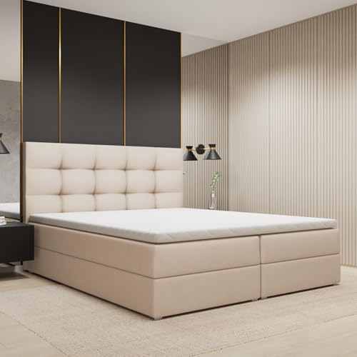 FurniDe24 Boxspringbett mit Taschenfederkernmatratze H3, Doppelbett mit gestepptem Kopfteil und 2 Bettkästen, Topper-Matratze 3cm, verstärkter Rahmen, Hellbeige Plüsch, 160x200cm - Piko von FurniDe24