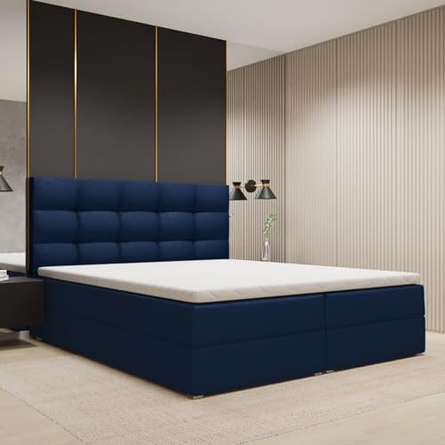 FurniDe24 Boxspringbett mit Taschenfederkernmatratze H3, Doppelbett mit gestepptem Kopfteil und 2 Bettkästen, Topper-Matratze 3cm, verstärkter Rahmen, dunkelblau Plüsch, 180x200cm - Piko von FurniDe24
