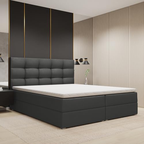 FurniDe24 Boxspringbett mit Taschenfederkernmatratze H3, Doppelbett mit gestepptem Kopfteil und 2 Bettkästen, Topper-Matratze 3cm, verstärkter Rahmen, dunkelgrau Plüsch, 160x200cm - Piko von FurniDe24