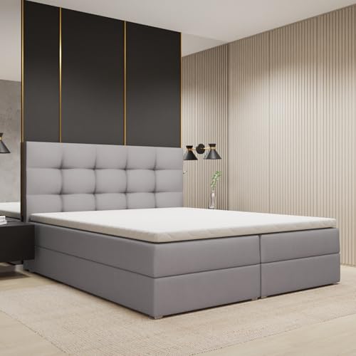 FurniDe24 Boxspringbett mit Taschenfederkernmatratze H3, Doppelbett mit gestepptem Kopfteil und 2 Bettkästen, Topper-Matratze 3cm, verstärkter Rahmen, grau Samt, 180x200cm - Piko von FurniDe24