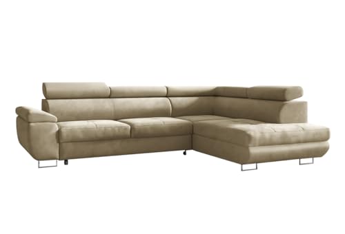 FurniDe24 Ecksofa mit Schlaffunktion und Verstellbare Kopfstützen, Eckcouch mit Bettkasten, 4-Sitzer Polsterecke, 277x203x89cm, Ottomane Rechts, beige Velvet, Monolith 04 - Aron von FurniDe24
