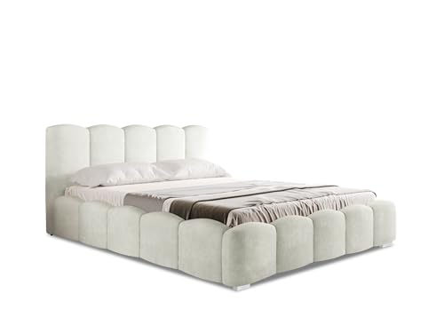 FurniDe24 Polsterbett mit Bettkasten, Metall-Lattenrost mit Gasdruckfedern, gepolstertes Doppelbett Lambi mit Kopfteil, Bouclé-Stoff - Ecru, praktisch & komfortabel (Lambi 08, 160 x 200 cm) von FurniDe24