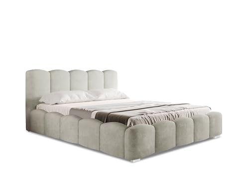 FurniDe24 Polsterbett mit Bettkasten, Metall-Lattenrost mit Gasdruckfedern, gepolstertes Doppelbett Lambi mit Kopfteil, Bouclé-Stoff - beige, praktisch & komfortabel (Lambi 05, 200 x 200 cm) von FurniDe24