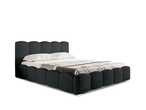 FurniDe24 Polsterbett mit Bettkasten, Metall-Lattenrost mit Gasdruckfedern, gepolstertes Doppelbett Lambi mit Kopfteil, Bouclé-Stoff - schwarz, praktisch & komfortabel (Lambi 13, 200 x 200 cm) von FurniDe24