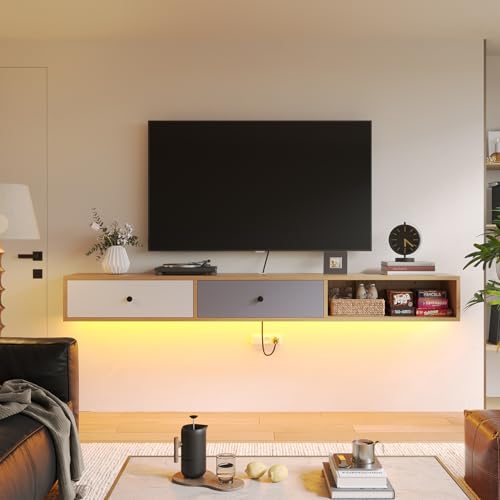 FurniNova Moderner schwebender TV-Ständer mit Türen, 177,8 cm (70 Zoll), Wandmontage, TV-Konsole, Schrank unter TV-Regal für Wohnzimmer, Schlafzimmer, Natur von FurniNova