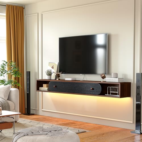 FurniNova Schwebender TV-Ständer zur Wandmontage, moderne Medienkonsole mit 2 offenen Schränken und 1 Tür, Wandhalterung, TV-Konsole für Wohnzimmer, Schlafzimmer, Walnuss und Schwarz FurniNova Schwebender TV-Ständer zur Wandmontage, moderne Medienkonsole mit 2 offenen Schränken und 1 Tür, Wandhalterung, TV-Konsole für Wohnzimmer, Schlafzimmer, Walnuss und Schwarz von FurniNova