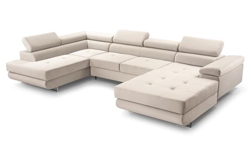 FurniShop24 Ecksofa mit Schlaffunktion und 2 Bettkästen - Eckcouch U-Form mit Bewegliche Kopfstützen, Klappsofa - Schlafcouch zum Wohnzimmer, Moderne Design Schlafsofa Nolan XL (Beige, Left) von FurniShop24