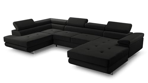 FurniShop24 Ecksofa mit Schlaffunktion und 2 Bettkästen - Eckcouch U-Form mit Bewegliche Kopfstützen, Klappsofa - Schlafcouch zum Wohnzimmer, Moderne Design Schlafsofa Nolan XL (Black, Left) von FurniShop24