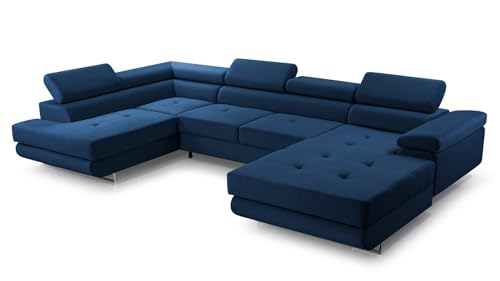 FurniShop24 Ecksofa mit Schlaffunktion und 2 Bettkästen - Eckcouch U-Form mit Bewegliche Kopfstützen, Klappsofa - Schlafcouch zum Wohnzimmer, Moderne Design Schlafsofa Nolan XL (Dark Blue, Left) von FurniShop24