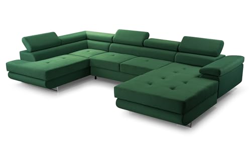 FurniShop24 Ecksofa mit Schlaffunktion und 2 Bettkästen - Eckcouch U-Form mit Bewegliche Kopfstützen, Klappsofa - Schlafcouch zum Wohnzimmer, Moderne Design Schlafsofa Nolan XL (Dark Green, Left) von FurniShop24