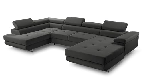 FurniShop24 Ecksofa mit Schlaffunktion und 2 Bettkästen - Eckcouch U-Form mit Bewegliche Kopfstützen, Klappsofa - Schlafcouch zum Wohnzimmer, Moderne Design Schlafsofa Nolan XL (Dark Grey, Left) von FurniShop24
