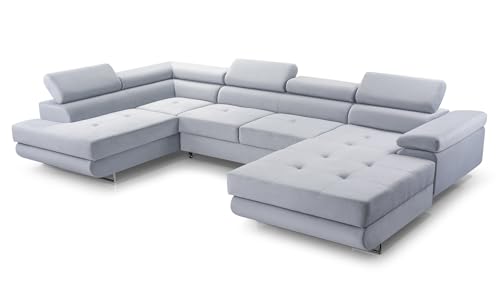 FurniShop24 Ecksofa mit Schlaffunktion und 2 Bettkästen - Eckcouch U-Form mit Bewegliche Kopfstützen, Klappsofa - Schlafcouch zum Wohnzimmer, Moderne Design Schlafsofa Nolan XL (Light Grey, Left) von FurniShop24