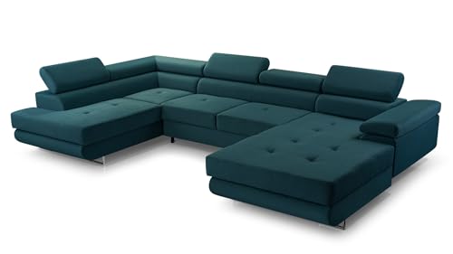 FurniShop24 Ecksofa mit Schlaffunktion und 2 Bettkästen - Eckcouch U-Form mit Bewegliche Kopfstützen, Klappsofa - Schlafcouch zum Wohnzimmer, Moderne Design Schlafsofa Nolan XL (Turquoise, Left) von FurniShop24