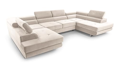 FurniShop24 Ecksofa mit Schlaffunktion und Bettkasten - Eckcouch L-Form mit Bewegliche Kopfstützen, Klappsofa - Schlafcouch zum Wohnzimmer, Minimalistisches Design Schlafsofa Nolan U: Beige von FurniShop24