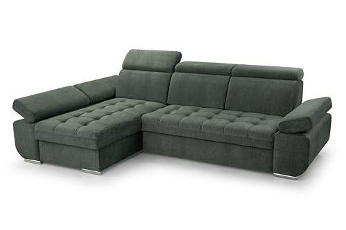 FurniShop24 Ecksofa mit Schlaffunktion und Bettkasten - Eckcouch L-Form mit Bewegliche Kopfstützen, Klappsofa - Schlafcouch zum Wohnzimmer, Modern Design Schlafsofa Bianco: Dunkelgrün, Ecksofa Links von FurniShop24