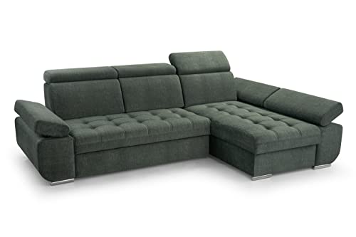 FurniShop24 Ecksofa mit Schlaffunktion und Bettkasten - Eckcouch L-Form mit Bewegliche Kopfstützen, Klappsofa - Schlafcouch zum Wohnzimmer, Modern Design Schlafsofa Bianco: Dunkelgrün, Ecksofa Rechts von FurniShop24