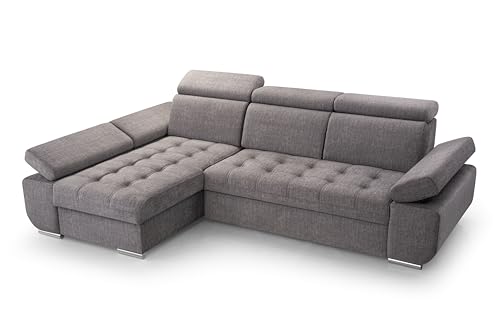 FurniShop24 Ecksofa mit Schlaffunktion und Bettkasten - Eckcouch L-Form mit Bewegliche Kopfstützen, Klappsofa - Schlafcouch zum Wohnzimmer, Modern Design Schlafsofa Bianco: Grau, Ecksofa Links von FurniShop24