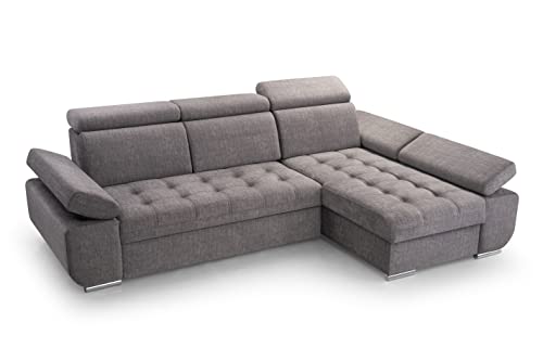 FurniShop24 Ecksofa mit Schlaffunktion und Bettkasten - Eckcouch L-Form mit Bewegliche Kopfstützen, Klappsofa - Schlafcouch zum Wohnzimmer, Modern Design Schlafsofa Bianco: Grau, Ecksofa Rechts von FurniShop24