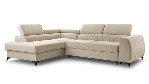 FurniShop24 Ecksofa mit Schlaffunktion und Bettkasten - Eckcouch L-Form mit Bewegliche Kopfstützen, Klappsofa - Schlafcouch zum Wohnzimmer, Modern Design Schlafsofa Brego (Beige, Left) von FurniShop24