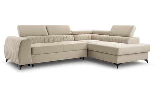 FurniShop24 Ecksofa mit Schlaffunktion und Bettkasten - Eckcouch L-Form mit Bewegliche Kopfstützen, Klappsofa - Schlafcouch zum Wohnzimmer, Modern Design Schlafsofa Brego (Beige, Right) von FurniShop24