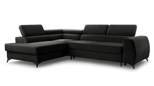 FurniShop24 Ecksofa mit Schlaffunktion und Bettkasten - Eckcouch L-Form mit Bewegliche Kopfstützen, Klappsofa - Schlafcouch zum Wohnzimmer, Modern Design Schlafsofa Brego (Black, Left) von FurniShop24
