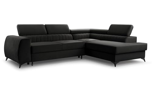 FurniShop24 Ecksofa mit Schlaffunktion und Bettkasten - Eckcouch L-Form mit Bewegliche Kopfstützen, Klappsofa - Schlafcouch zum Wohnzimmer, Modern Design Schlafsofa Brego (Black, Right) von FurniShop24