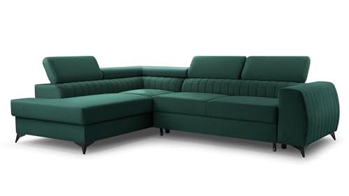 FurniShop24 Ecksofa mit Schlaffunktion und Bettkasten - Eckcouch L-Form mit Bewegliche Kopfstützen, Klappsofa - Schlafcouch zum Wohnzimmer, Modern Design Schlafsofa Brego (Dark Green, Left) von FurniShop24