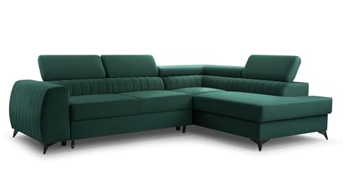 FurniShop24 Ecksofa mit Schlaffunktion und Bettkasten - Eckcouch L-Form mit Bewegliche Kopfstützen, Klappsofa - Schlafcouch zum Wohnzimmer, Modern Design Schlafsofa Brego (Dark Green, Right) von FurniShop24