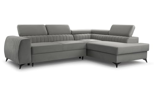 FurniShop24 Ecksofa mit Schlaffunktion und Bettkasten - Eckcouch L-Form mit Bewegliche Kopfstützen, Klappsofa - Schlafcouch zum Wohnzimmer, Modern Design Schlafsofa Brego (Dark Grey, Right) von FurniShop24