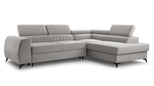 FurniShop24 Ecksofa mit Schlaffunktion und Bettkasten - Eckcouch L-Form mit Bewegliche Kopfstützen, Klappsofa - Schlafcouch zum Wohnzimmer, Modern Design Schlafsofa Brego (Light Grey, Right) von FurniShop24