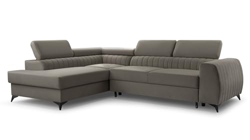FurniShop24 Ecksofa mit Schlaffunktion und Bettkasten - Eckcouch L-Form mit Bewegliche Kopfstützen, Klappsofa - Schlafcouch zum Wohnzimmer, Modern Design Schlafsofa Brego (Stone, Left) von FurniShop24