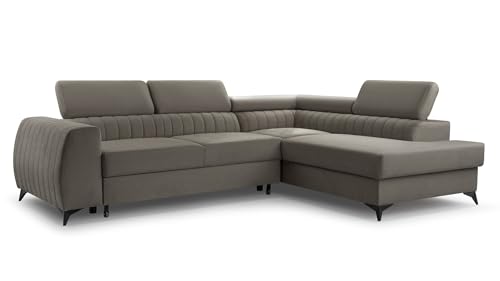 FurniShop24 Ecksofa mit Schlaffunktion und Bettkasten - Eckcouch L-Form mit Bewegliche Kopfstützen, Klappsofa - Schlafcouch zum Wohnzimmer, Modern Design Schlafsofa Brego (Stone, Right) von FurniShop24