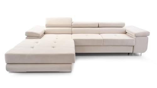 FurniShop24 Ecksofa mit Schlaffunktion und Bettkasten - Eckcouch L-Form mit Bewegliche Kopfstützen, Klappsofa - Schlafcouch zum Wohnzimmer, Modern Design Schlafsofa Nolan Mini (Beige, Left) von FurniShop24